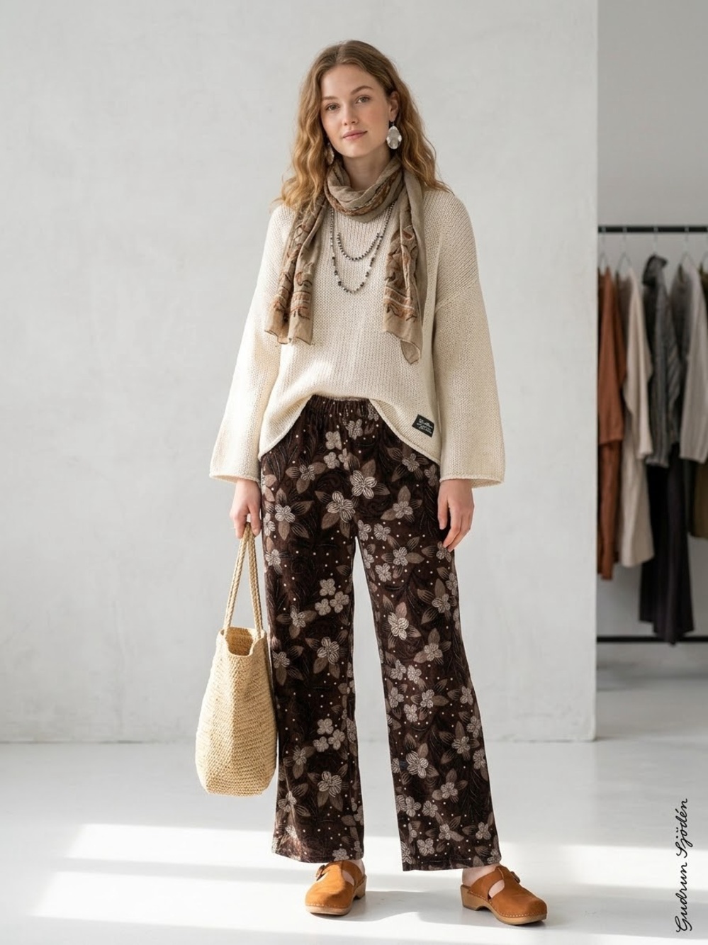 Gudrun Sjödén Organic Cotton Velvet Floral Print Wide Leg Pull-On Pants SZ S